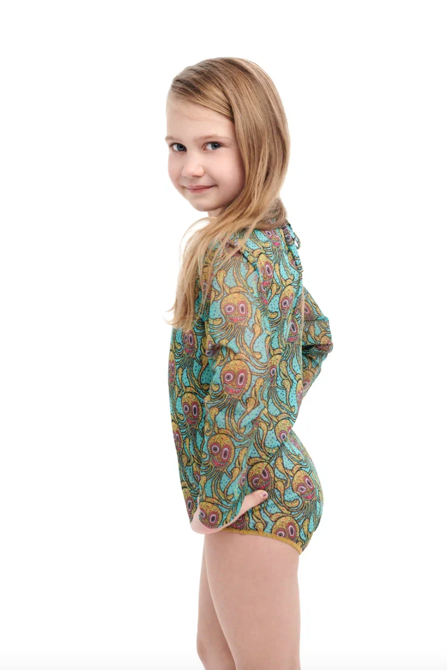 KID's girl's One-piece swimsuit with sleeves OCTOPUS