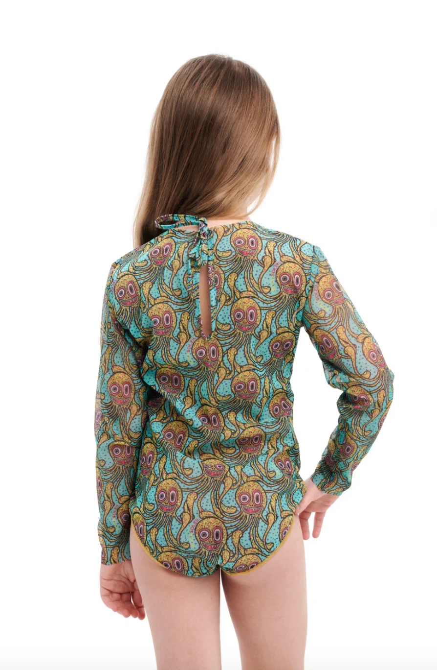 KID's girl's One-piece swimsuit with sleeves OCTOPUS