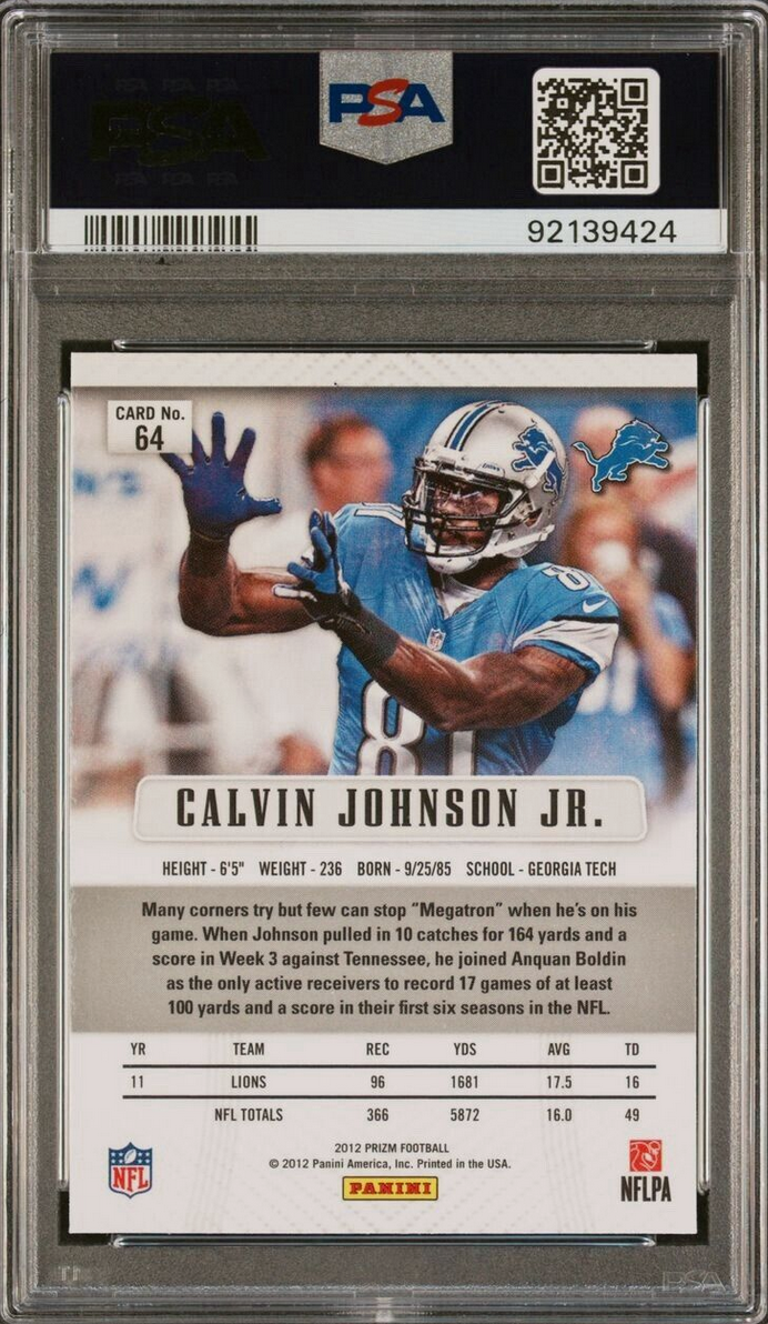 Graded 2012 Panini Prizm Calvin Johnson #64 First Prizm Football Card PSA 10 Gem Mint