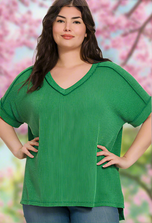 Plus Corded Rib Short Sleeve Hi-Low Dark Green V Neck Top