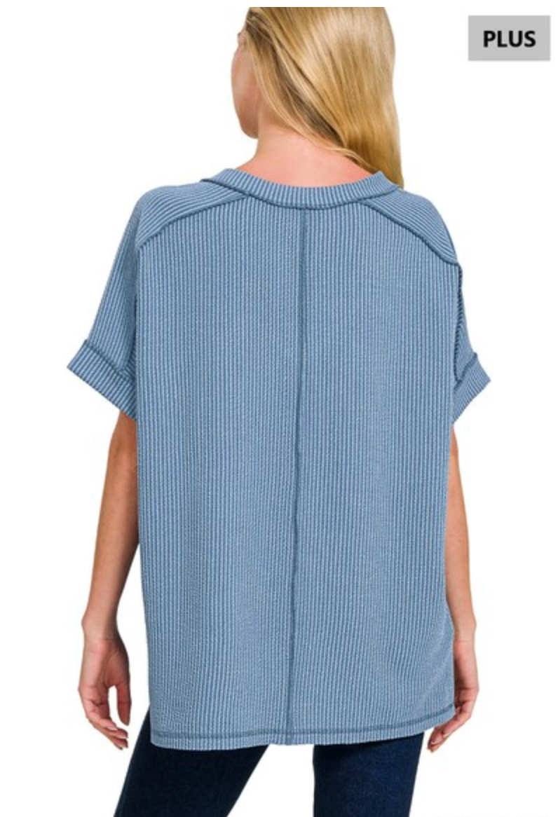 Plus Corded Rib Short Sleeve Hi-Low Dark Green V Neck Top