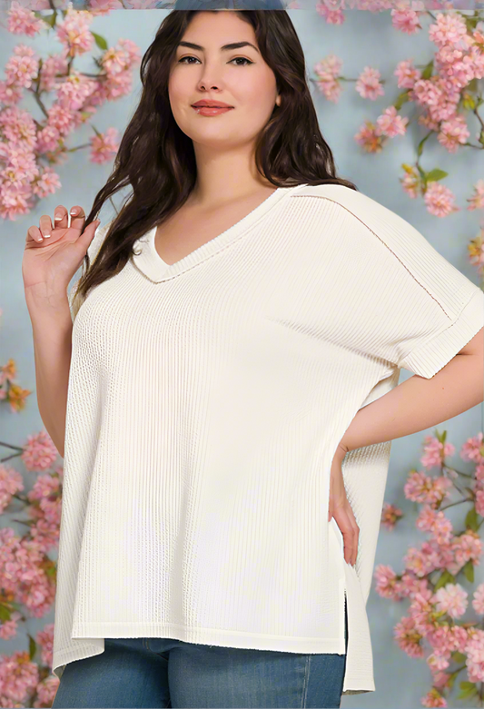 Plus Corded Rib Short Sleeve Hi-Low Off White V Neck Top