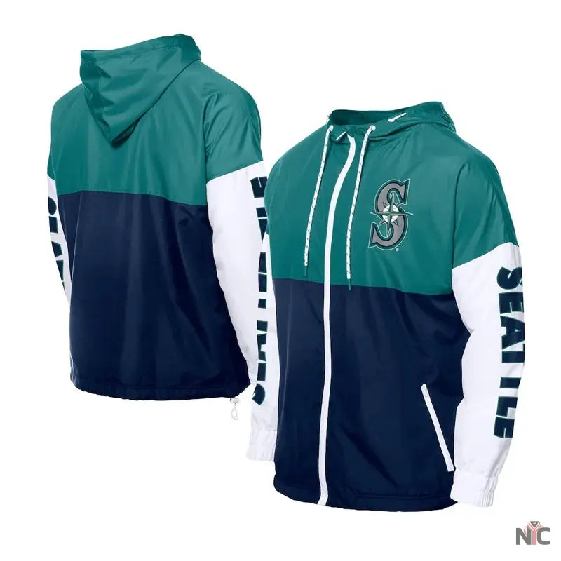 Seattle Mariners Color Block Navy/Aqua Hoodie Windbreaker