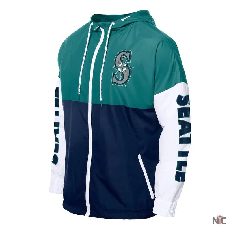 Seattle Mariners Color Block Navy/Aqua Hoodie Windbreaker