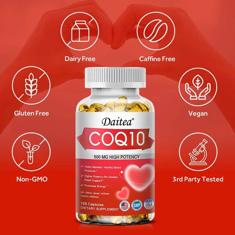 Daitea Coenzyme Q10 Capsules 500mg, for Circulation Stress Health and Body Energy, Better Absorption, Antioxidant