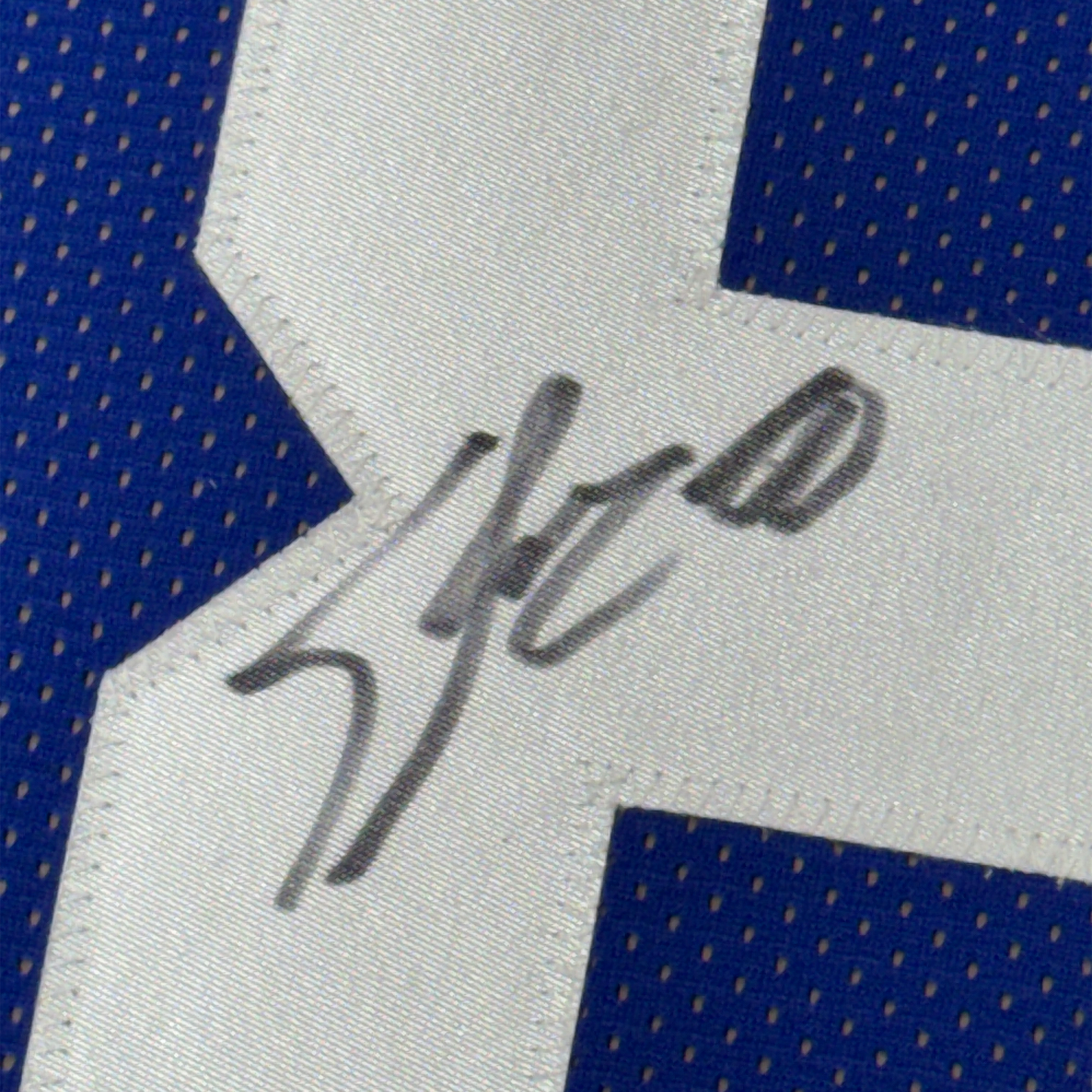 Framed Autographed/Signed Jeremy Shockey 35x39 New York Blue Football Jersey JSA COA