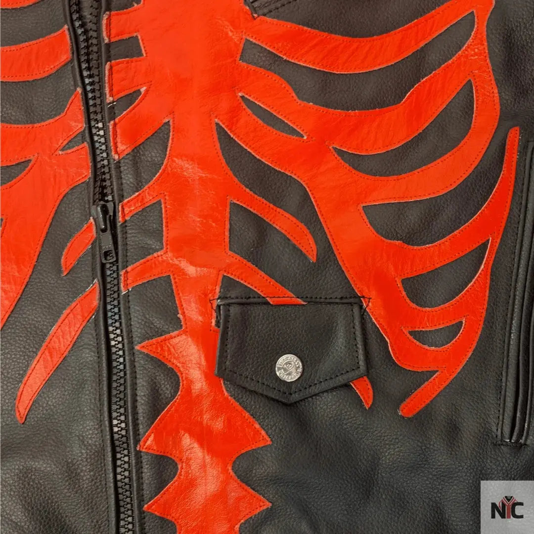 Skeleton Bones Red On Black Classic Style Leather Jacket