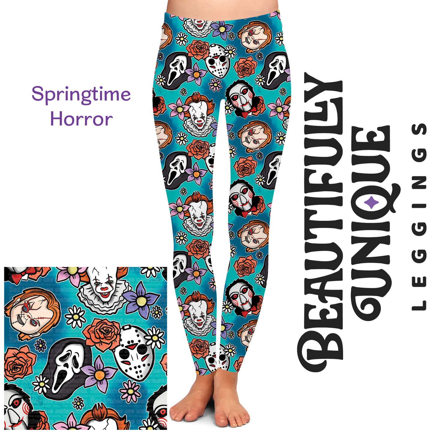 Springtime Horror Leggings (Exclusive) - Chucky Ghostface Pennywise Jason Jigsaw High-quality Handcrafted Vibrant Leggings