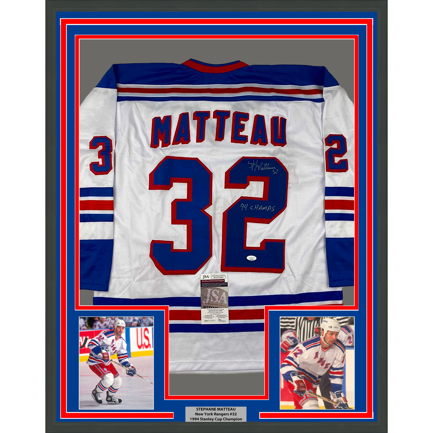 Framed Autographed/Signed Stephane Matteau 94 Champs 33xx42 New York White Hockey Jersey JSA COA
