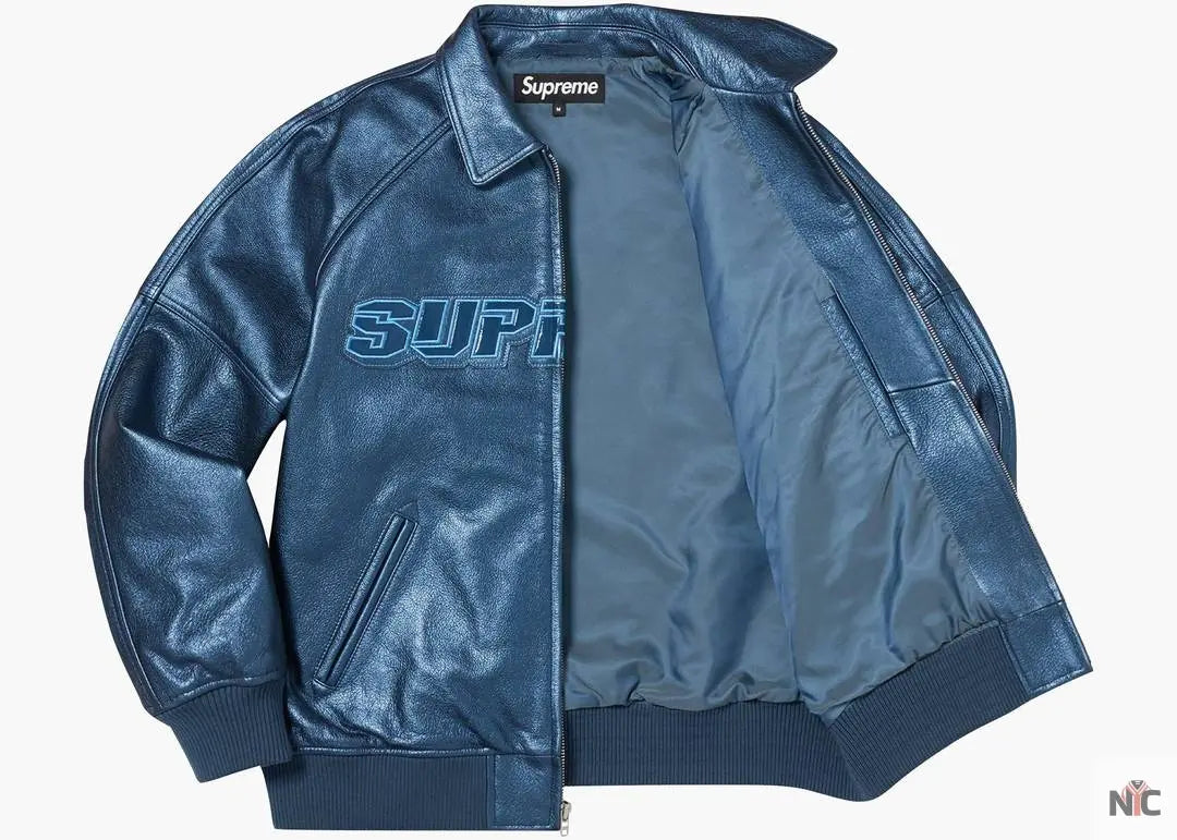 Supreme Silver Surfer Blue Leather Varsity Jacket
