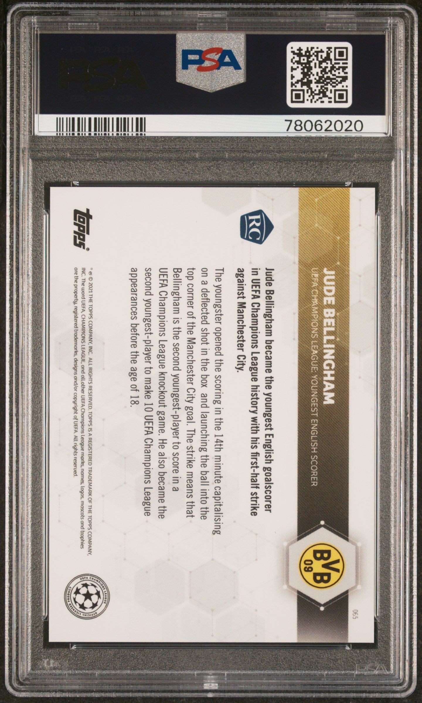 Graded 2020 Topps Now UCL Jude Bellingham #065 Rookie RC Soccer Card PSA 10 Gem Mint