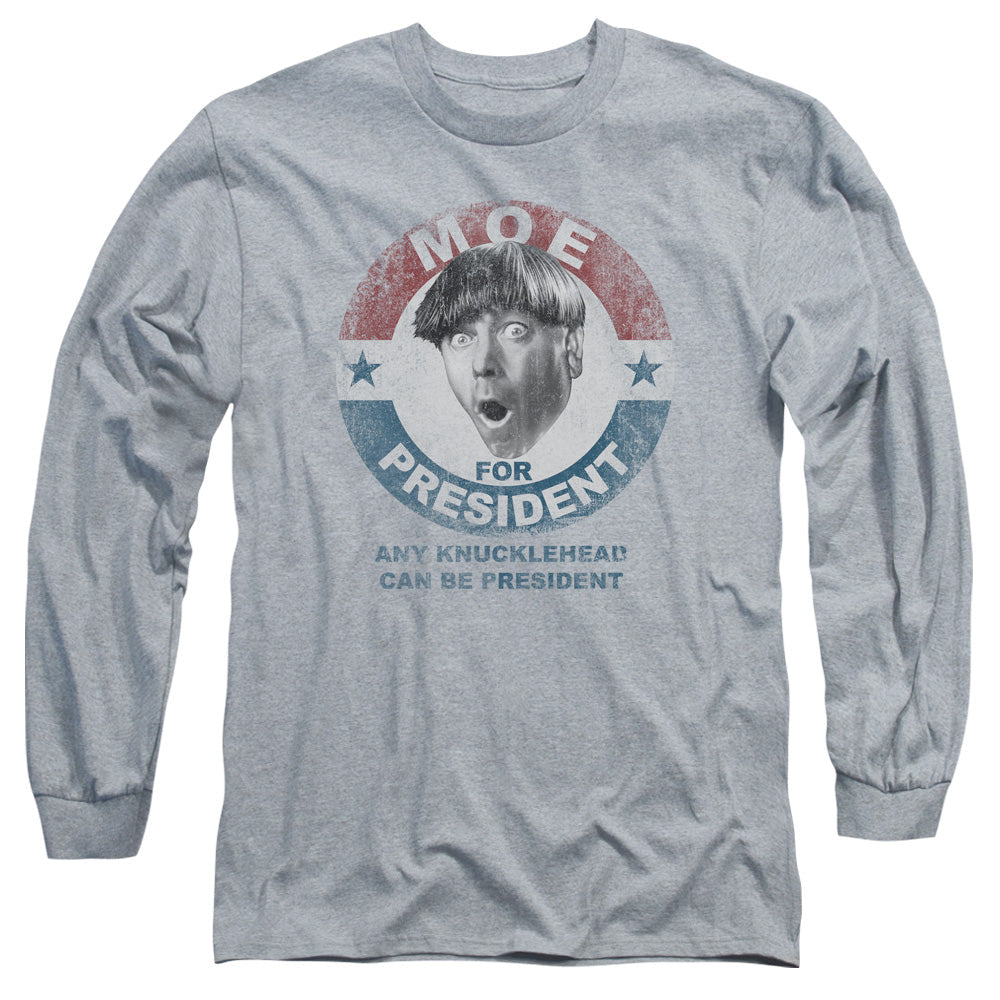 Three Stooges Moe For President Mens Long Sleeve Shirt Athletic Heather Officially Licensed