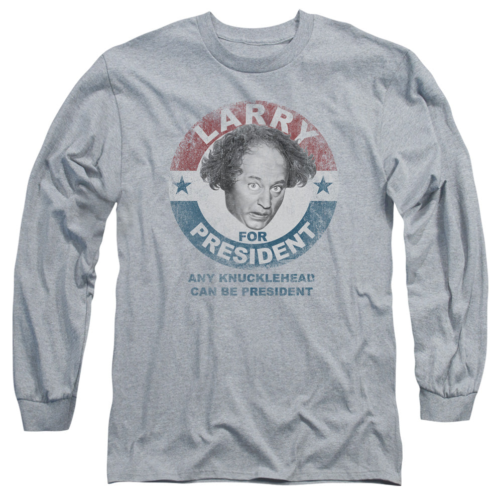 Three Stooges Larry For President Mens Long Sleeve Shirt Athletic Heather Officially Licensed