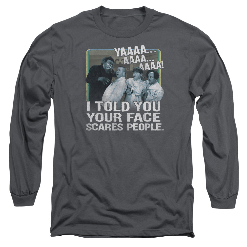 Three Stooges Scares People Mens Long Sleeve Shirt Charcoal Officially Licensed