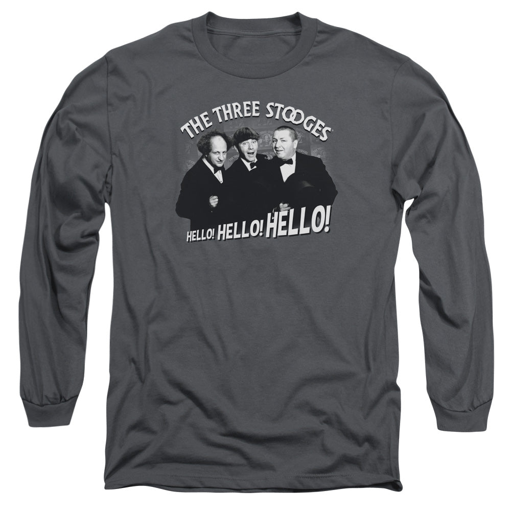 Three Stooges Hello Again Mens Long Sleeve Shirt Charcoal Officially Licensed