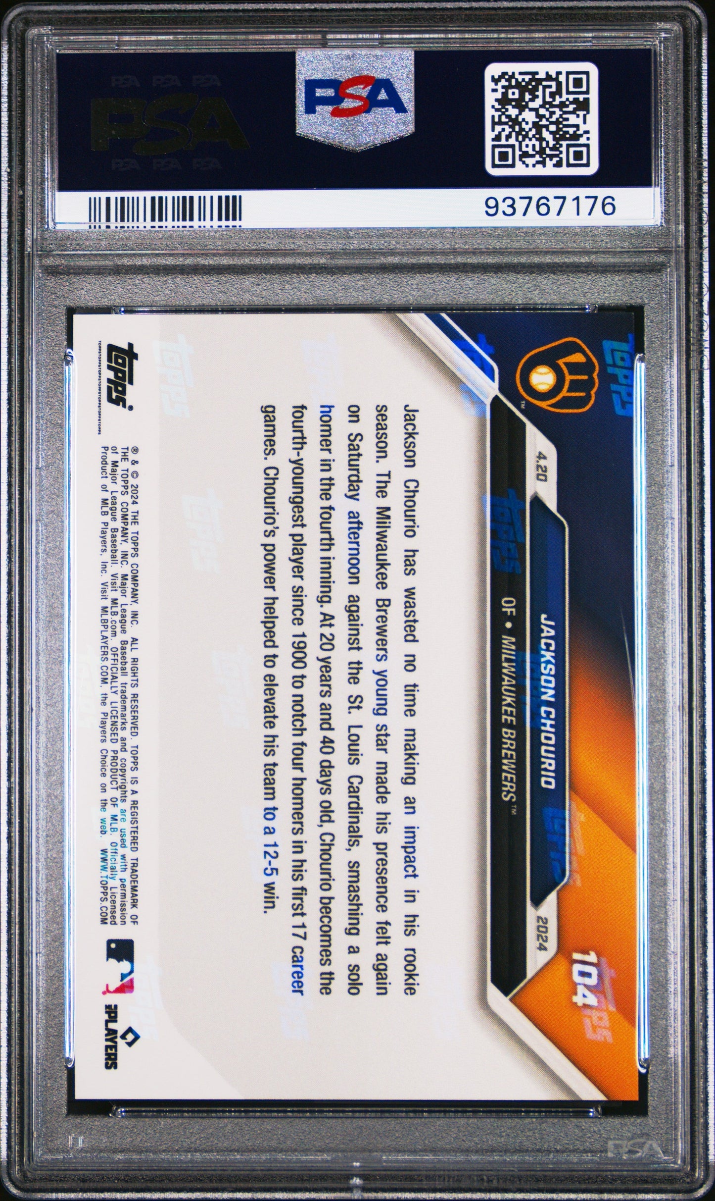 Graded 2024 Topps Now Jackson Chourio #104 Rookie RC Baseball Card PSA 10 Gem Mint