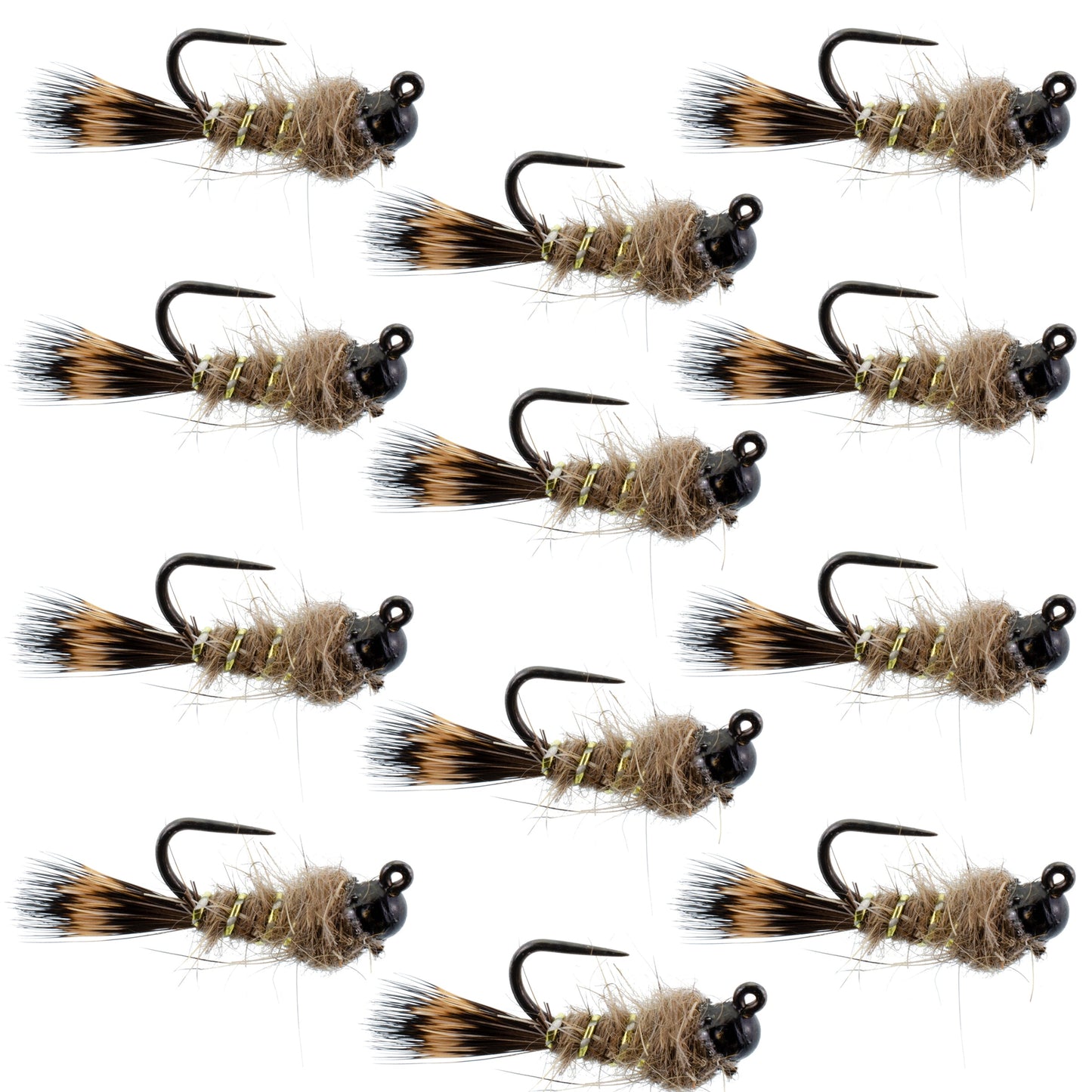 Black Tungsten Bead Tactical Hares Ear Czech Nymph Euro Nymphing Fly - 1 Dozen Flies Size 14