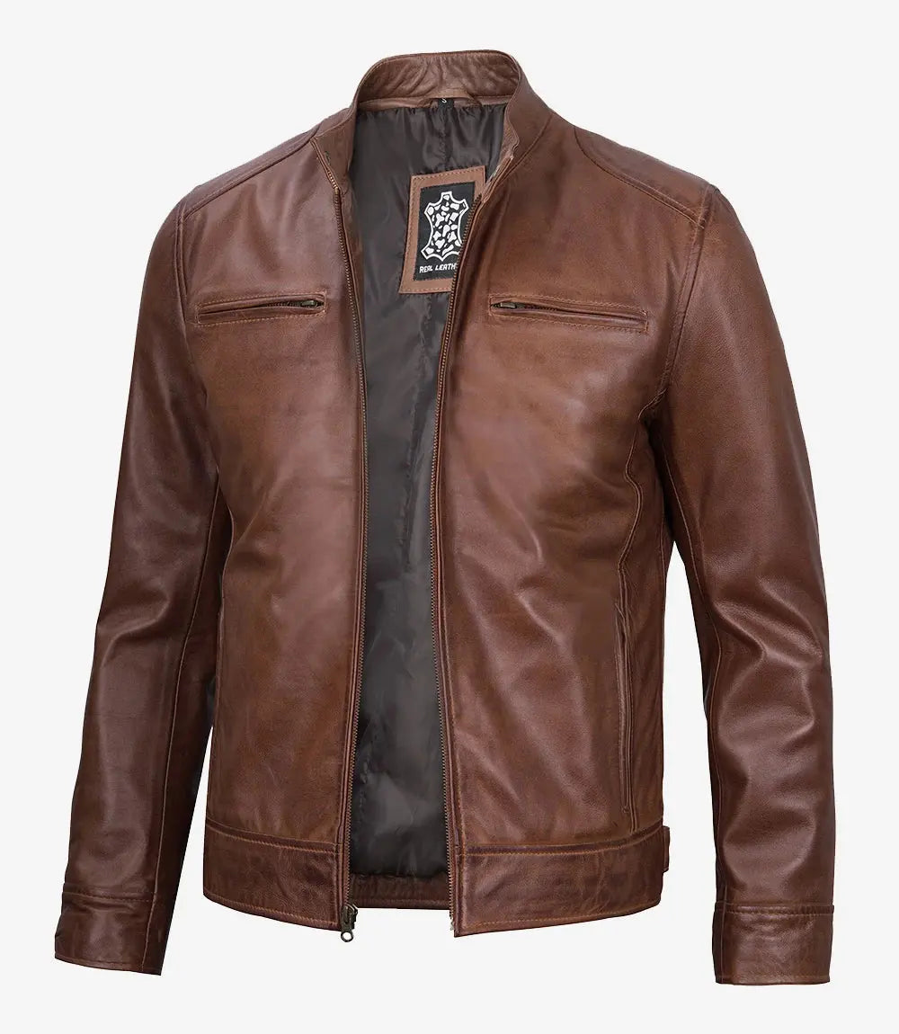 Tall Men's Cognac Brown Cafe Racer Leather Jacket