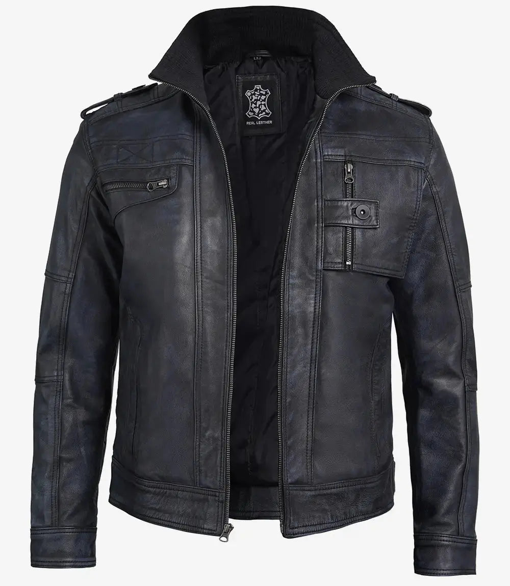 Tavares Men's Waxed Black Leather Biker Jacket
