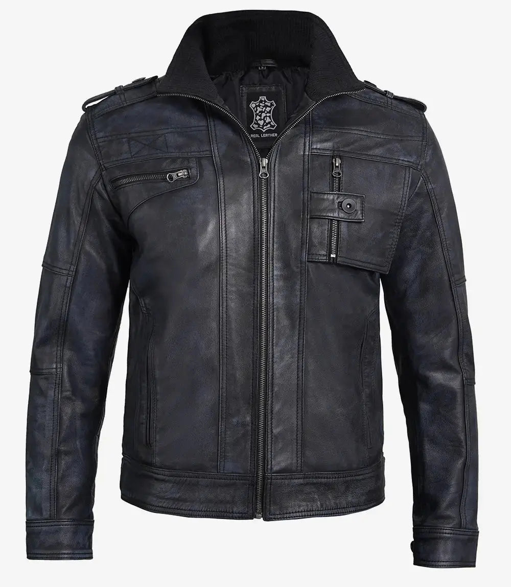 Tavares Men's Waxed Black Leather Biker Jacket