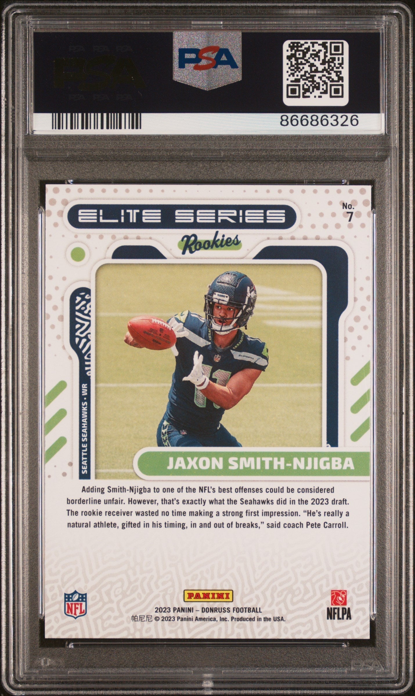 Graded 2023 Panini Donruss Jaxon Smith-Njigba #7 Elite Series Rookies RC Football Card PSA 10 Gem Mint
