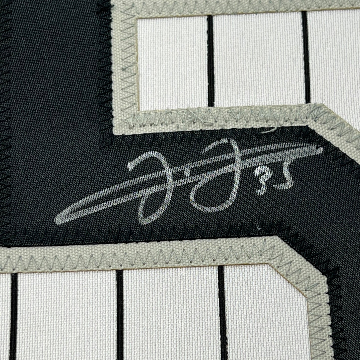 Framed Autographed/Signed Frank Thomas 35x39 Chicago Pinstripe Baseball Jersey JSA COA