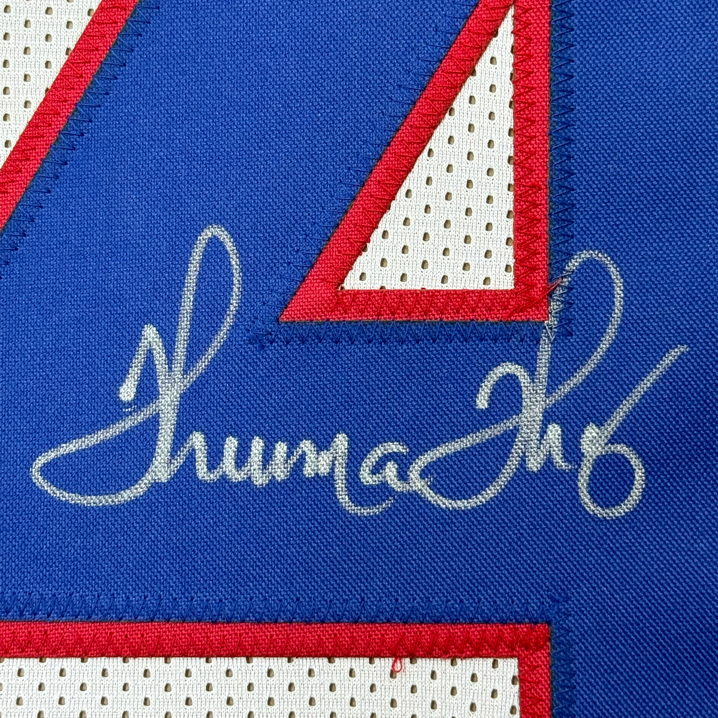 Framed Autographed/Signed Thurman Thomas 35x39 Buffalo White Football Jersey JSA COA