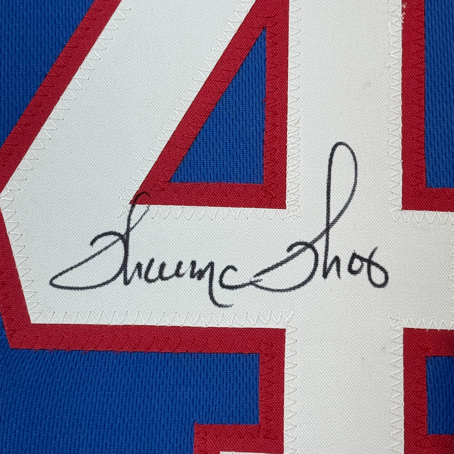 Framed Autographed/Signed Thurman Thomas 35x39 Buffalo Blue Football Jersey JSA COA