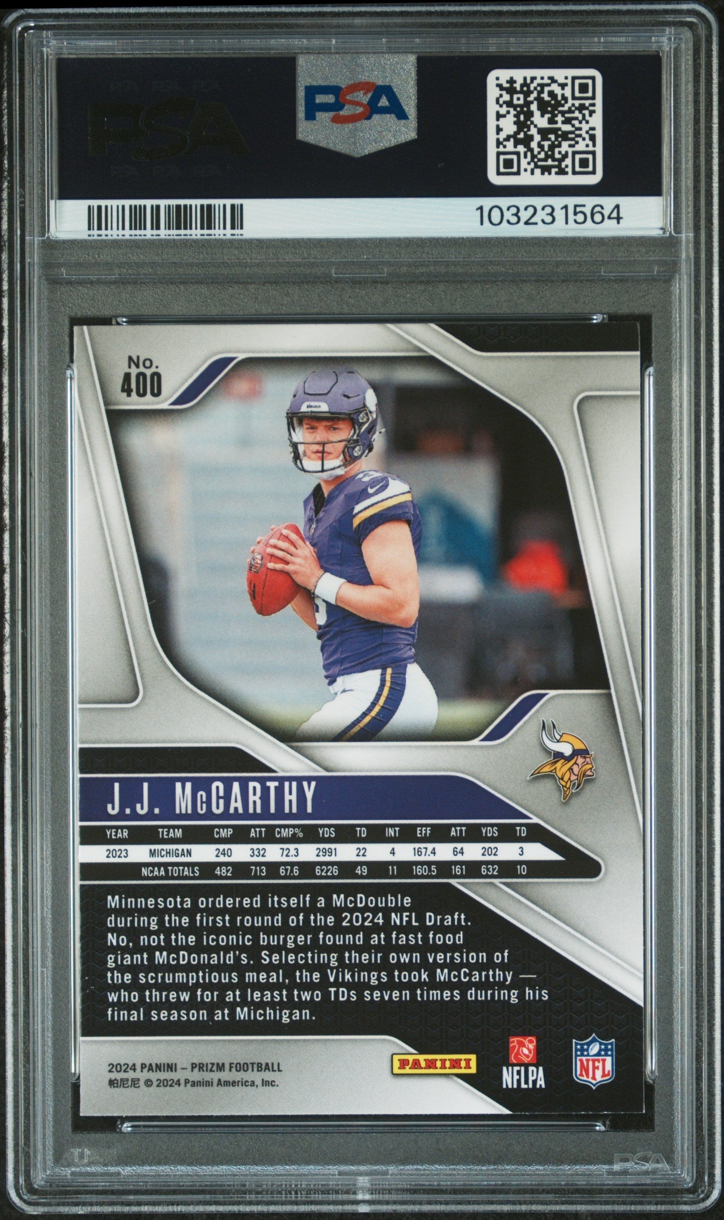 Graded 2024 Panini Prizm JJ McCarthy #400 Rookie RC Football Card PSA 10 Gem Mint