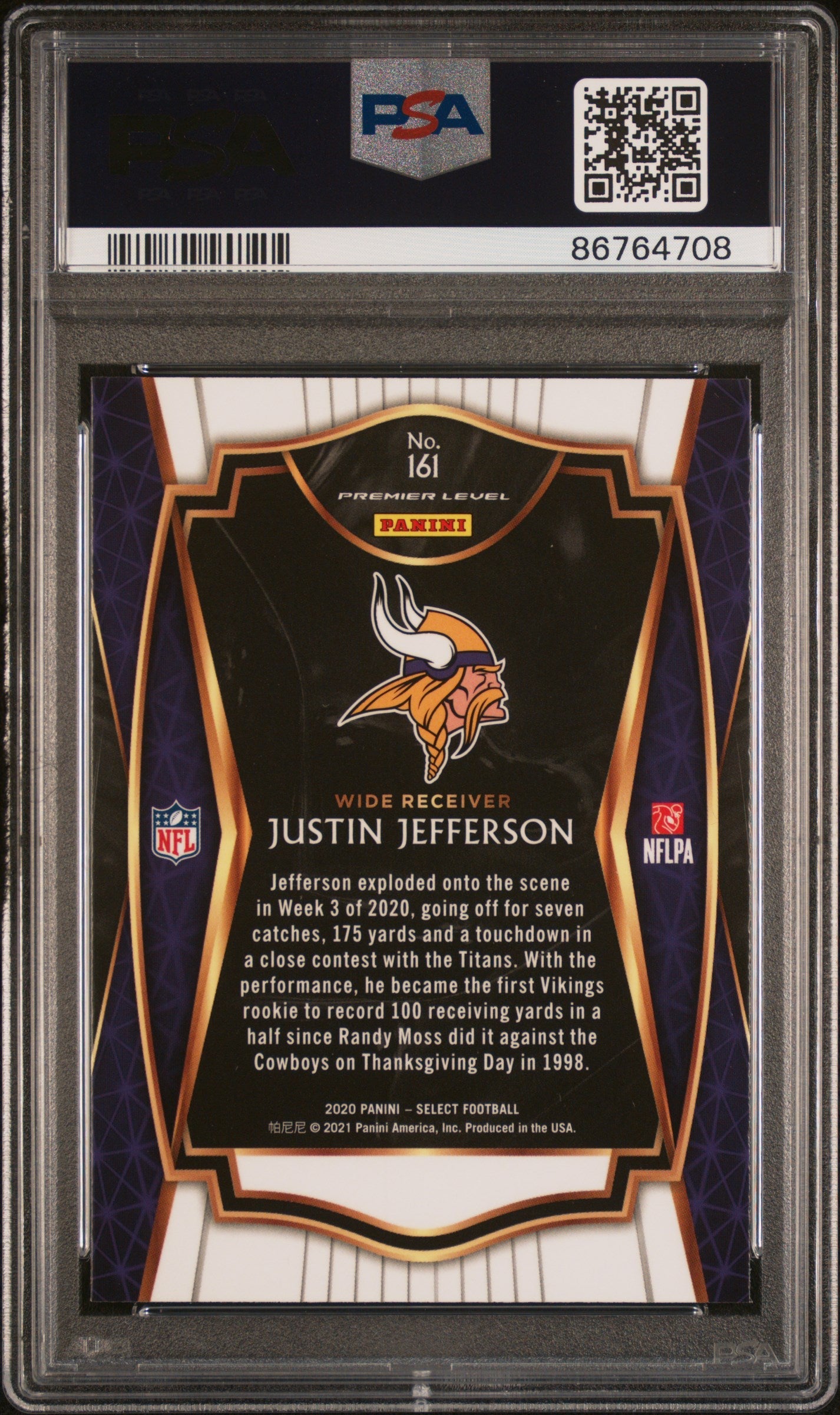 Graded 2020 Panini Select Justin Jefferson #161 Rookie RC Football Card PSA 10 Gem Mint