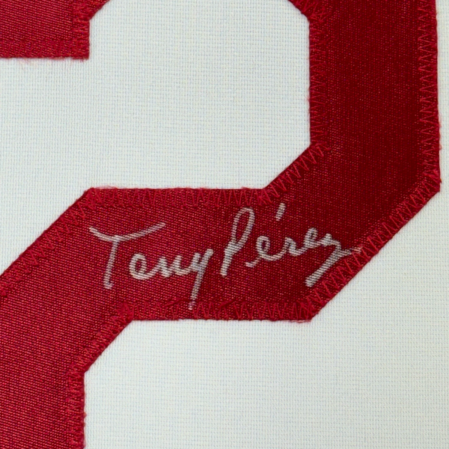 Framed Autographed/Signed Tony Perez 35x39 Cincinnati White Baseball Jersey Beckett BAS COA