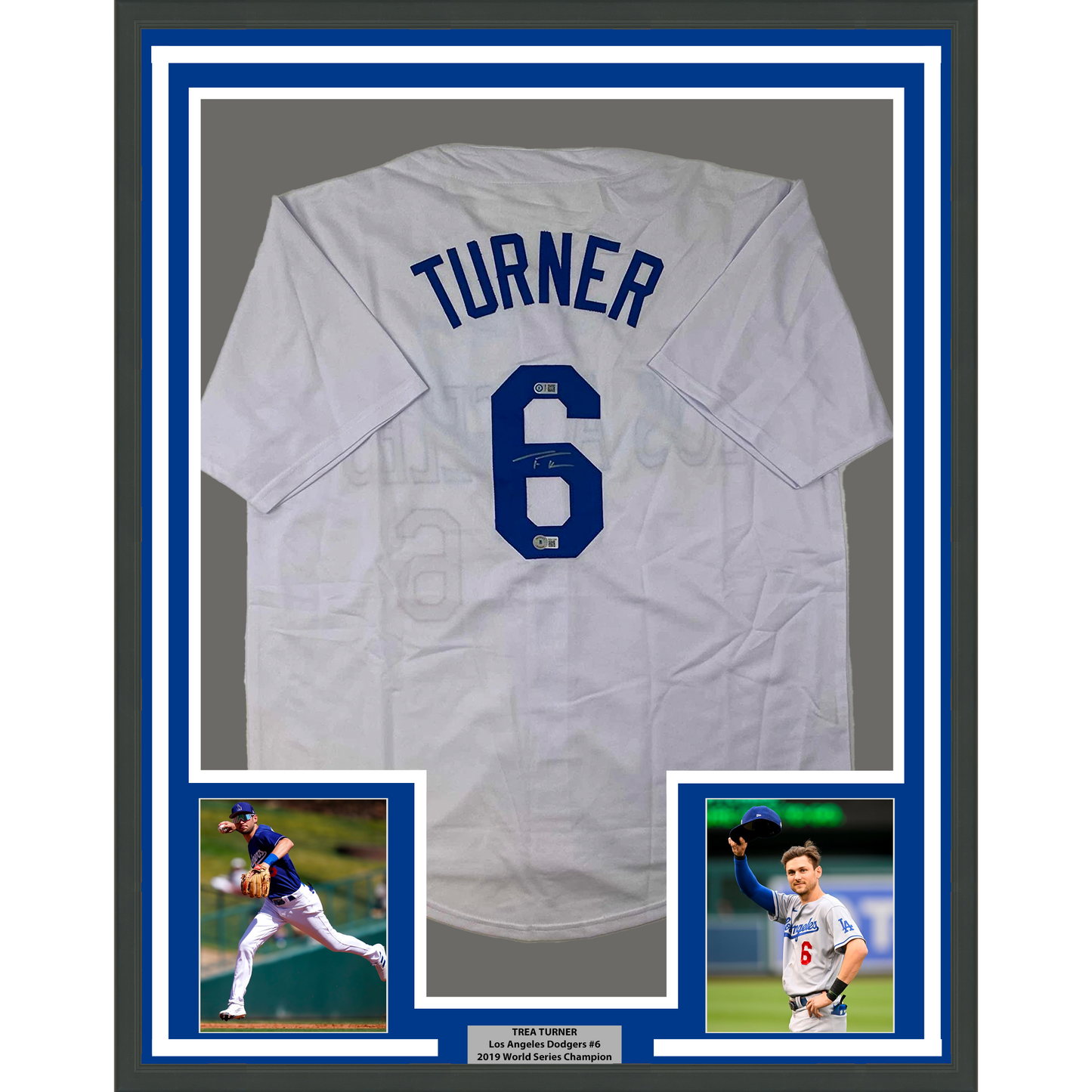 Framed Autographed/Signed Trea Turner 35x39 Los Angeles LA White Baseball Jersey Beckett BAS COA