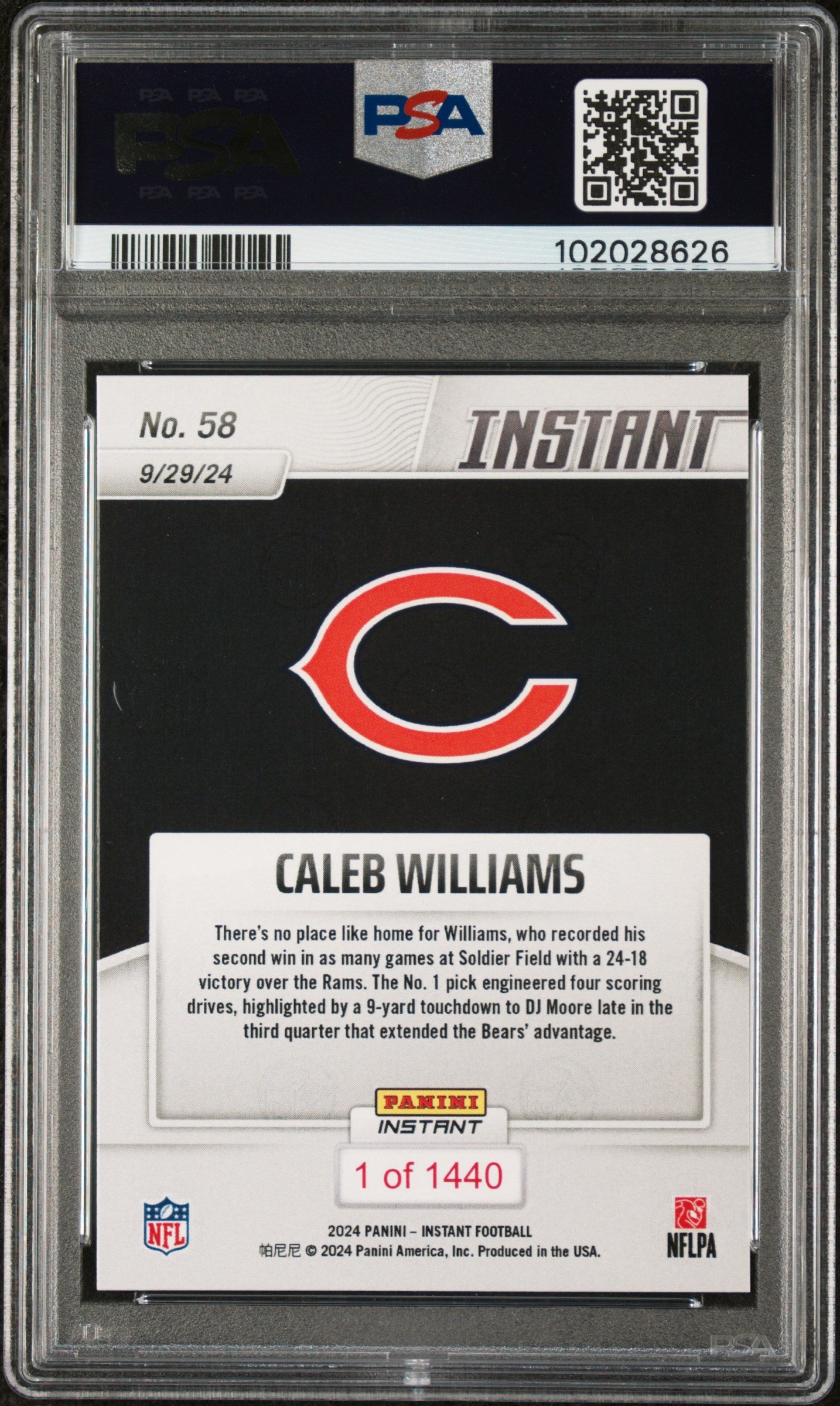Graded 2024 Panini Instant NFL Caleb Williams #58 Rookie RC Football Card PSA 10 Gem Mint