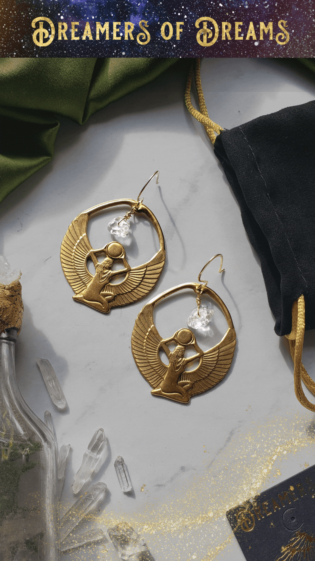 Brass Isis and Herkimer Earrings