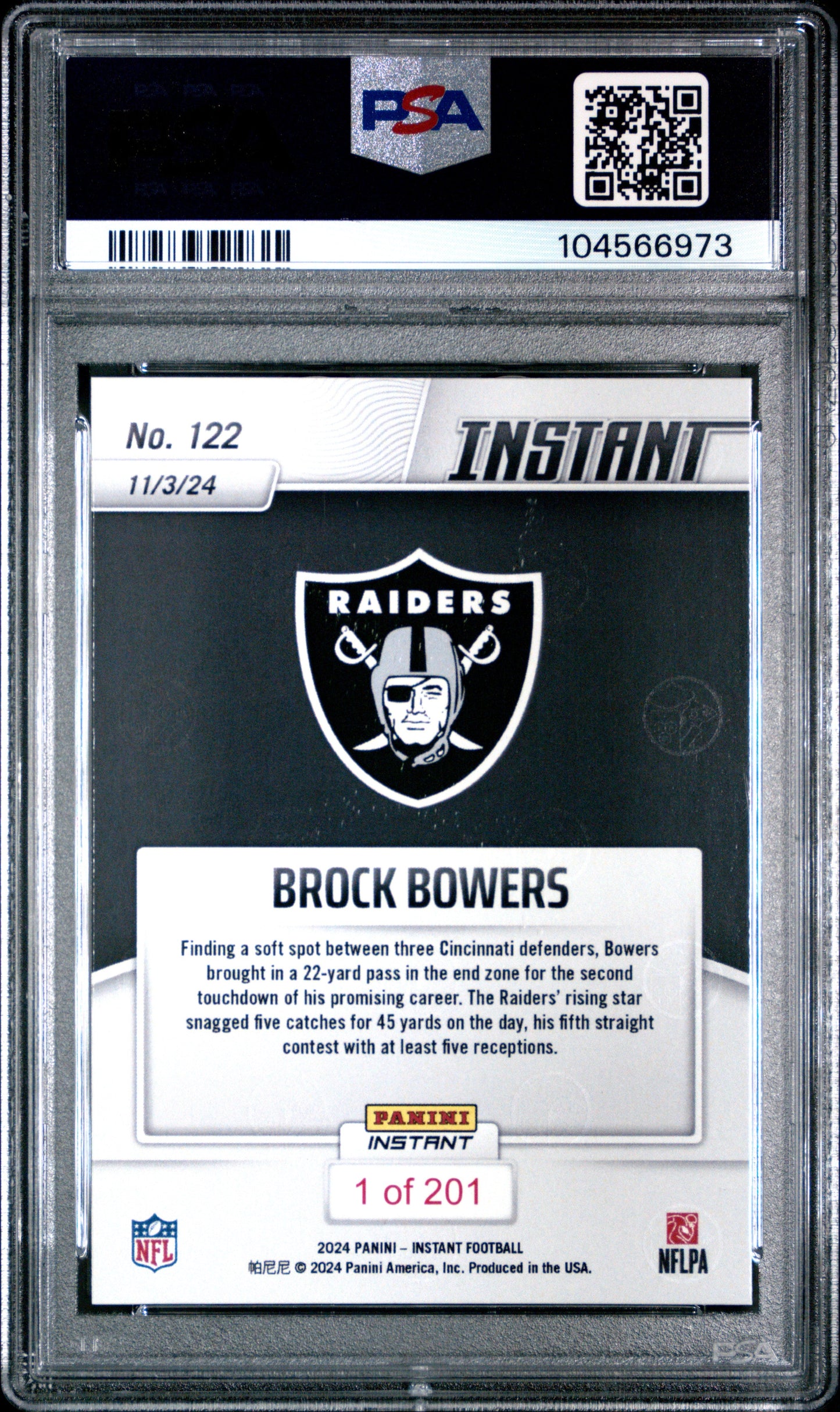 Graded 2024 Panini Instant NFL Brock Bowers #122 Rookie RC Football Card PSA 10 Gem Mint