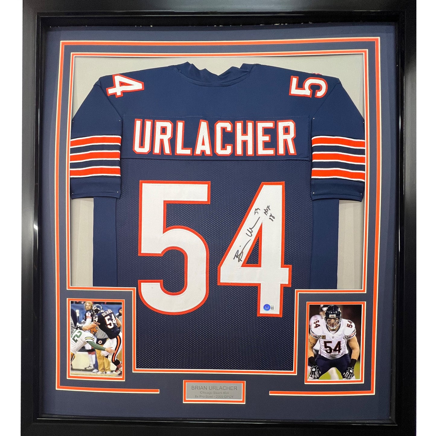 Framed Autographed/Signed Brian Urlacher 35x39 HOF 18 Chicago Blue Football Jersey Beckett BAS COA