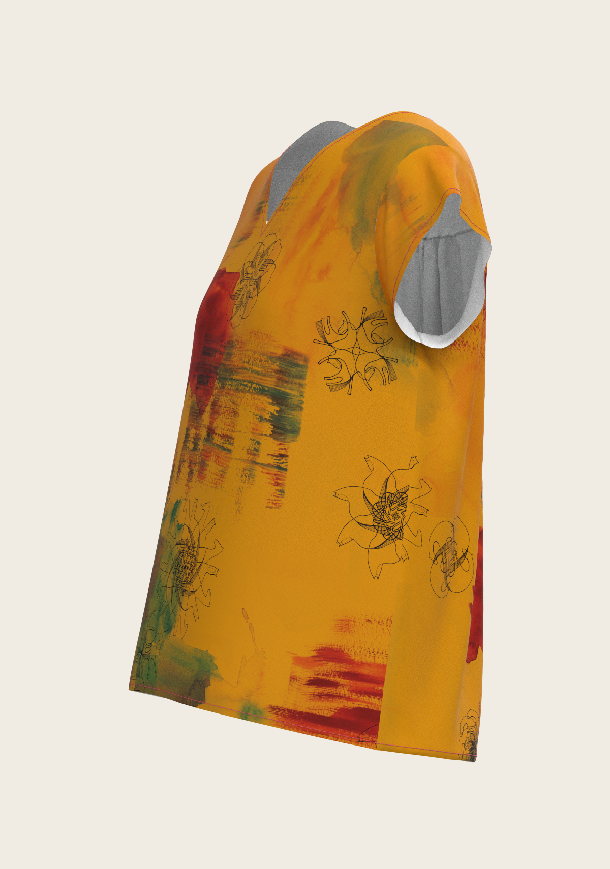 Horse Flower Fair in Ochre Loose Fitting V Neck Shirt