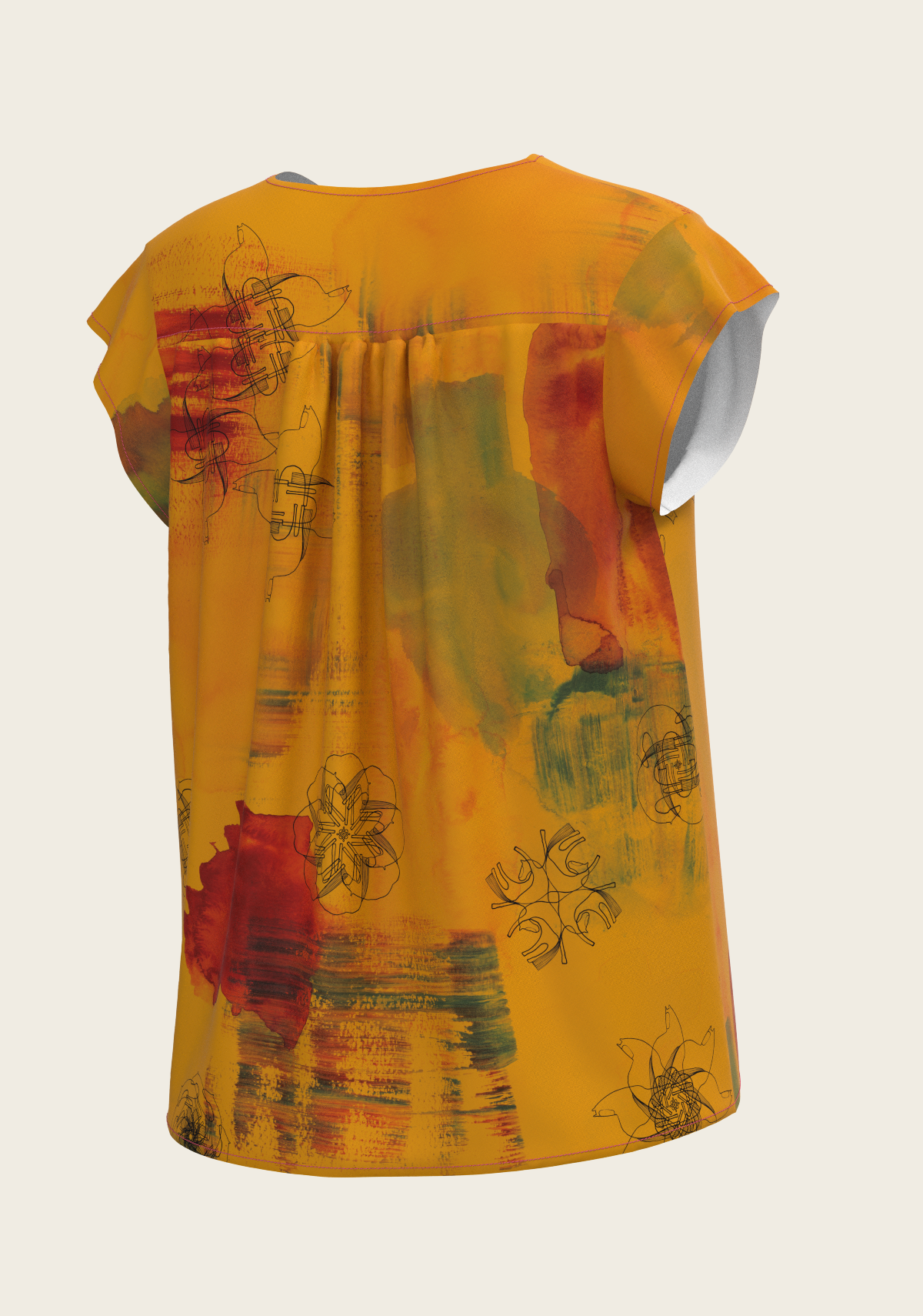 Horse Flower Fair in Ochre Loose Fitting V Neck Shirt