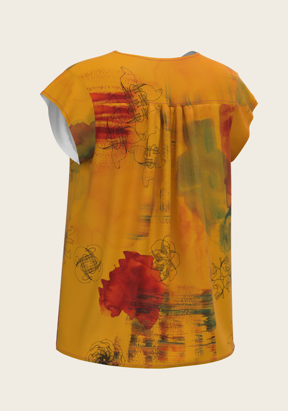 Horse Flower Fair in Ochre Loose Fitting V Neck Shirt