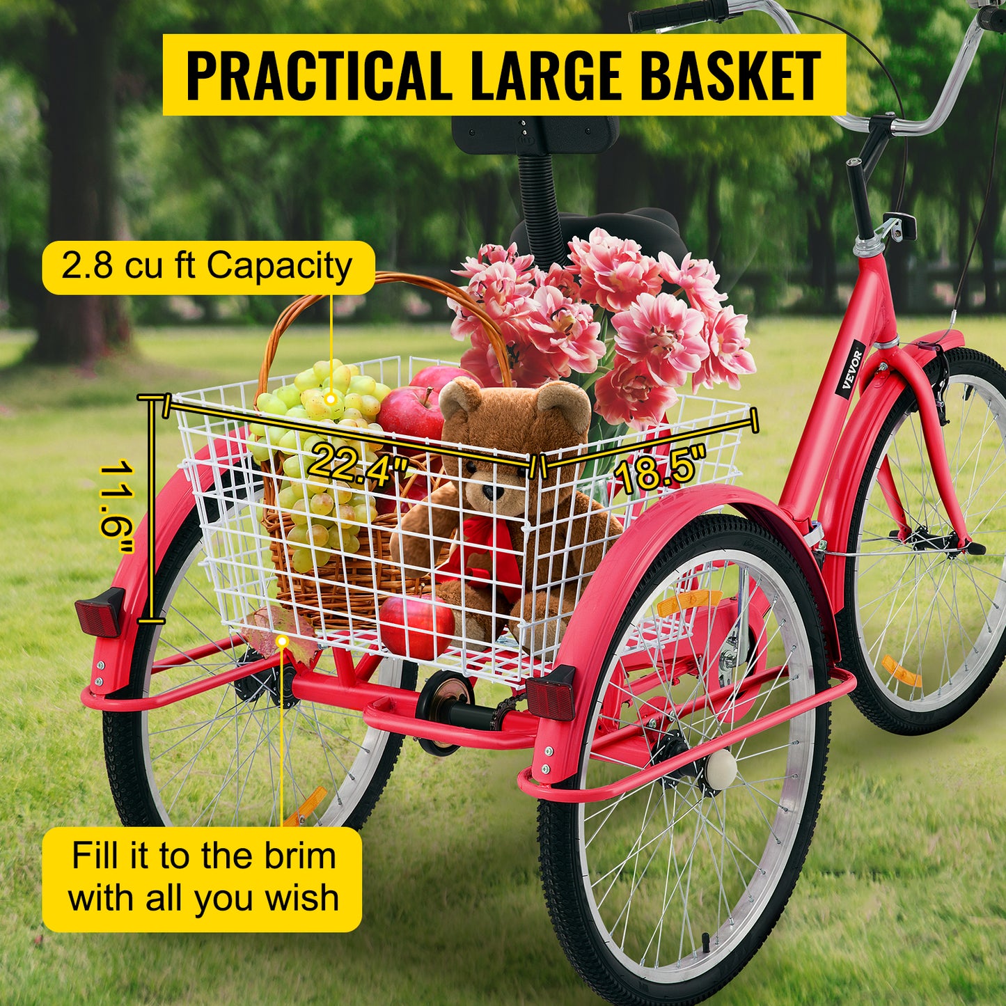 VEVOR Foldable Adult Tricycle 24'' 1 Speed Red White Green Blue 3-Wheel Folding Bike with Shopping Basket