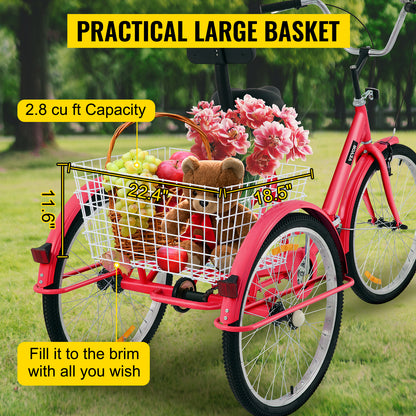 VEVOR Foldable Adult Tricycle 24'' 1 Speed Red White Green Blue 3-Wheel Folding Bike with Shopping Basket