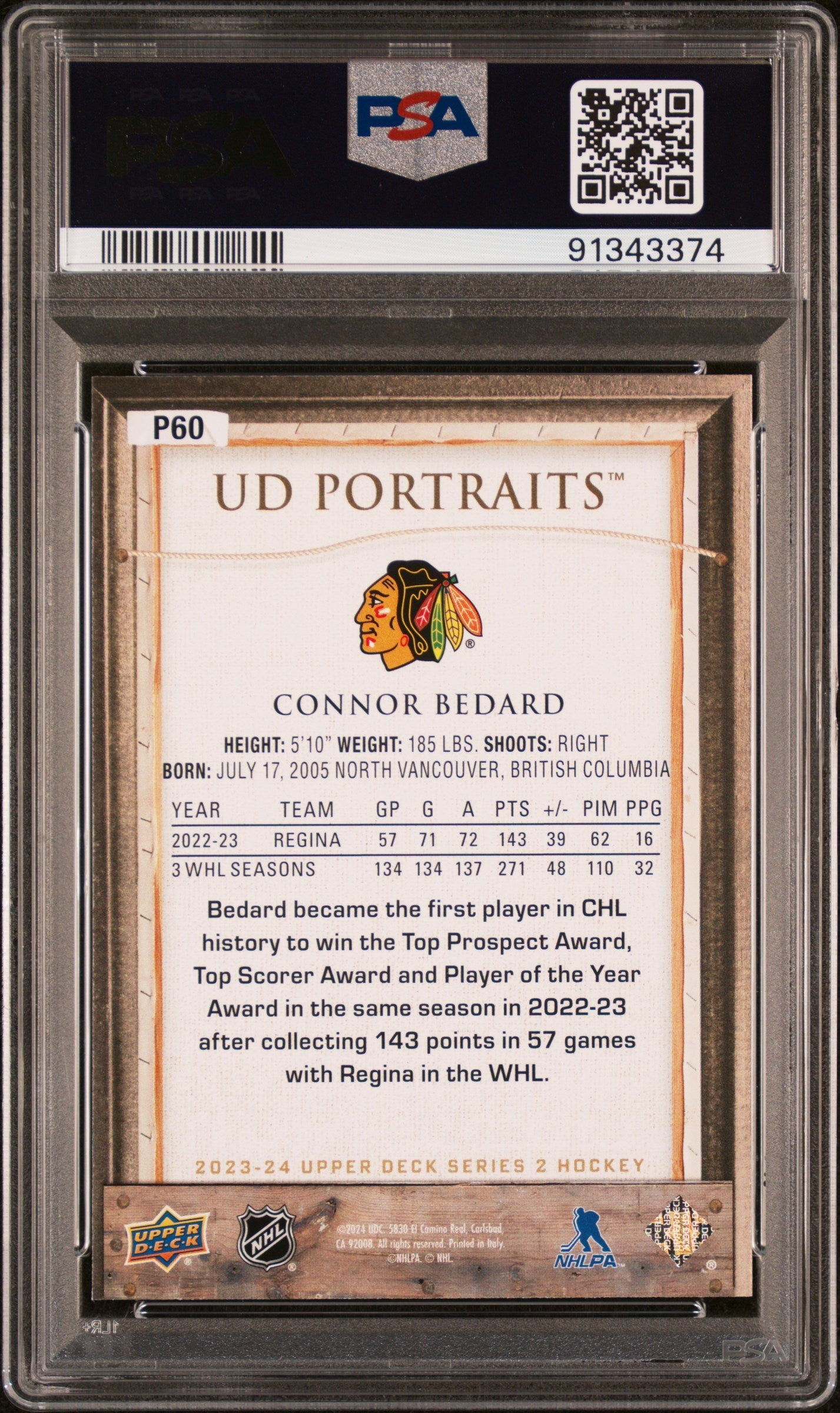 Graded 2023 Upper Deck Connor Bedard #P60 UD Portraits Rookie RC Hockey Card PSA 10 Gem Mint