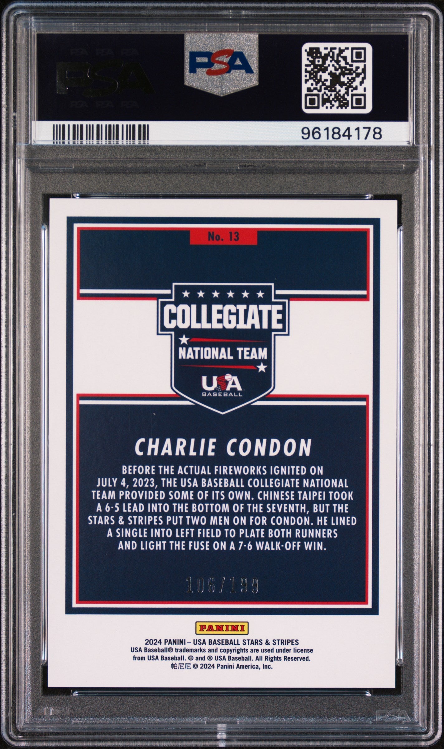 Graded 2024 Panini Stars & Stripes USA Charlie Condon #13 #/199 Rookie RC Baseball Card PSA 10 Gem Mint