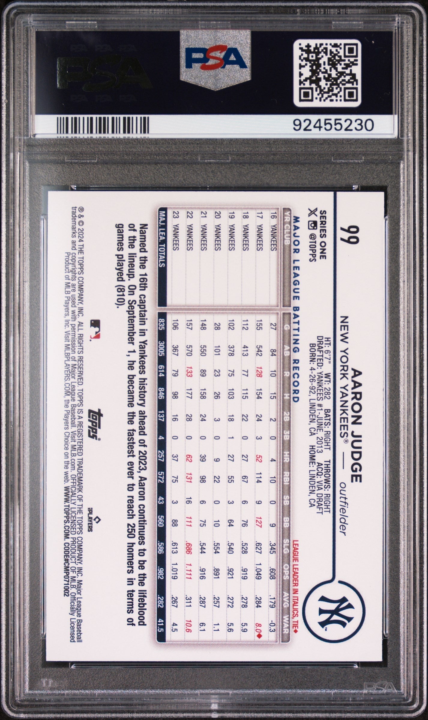 Graded 2024 Topps Aaron Judge #99 Silver Crackle Foil Board Baseball Card PSA 10 Gem Mint