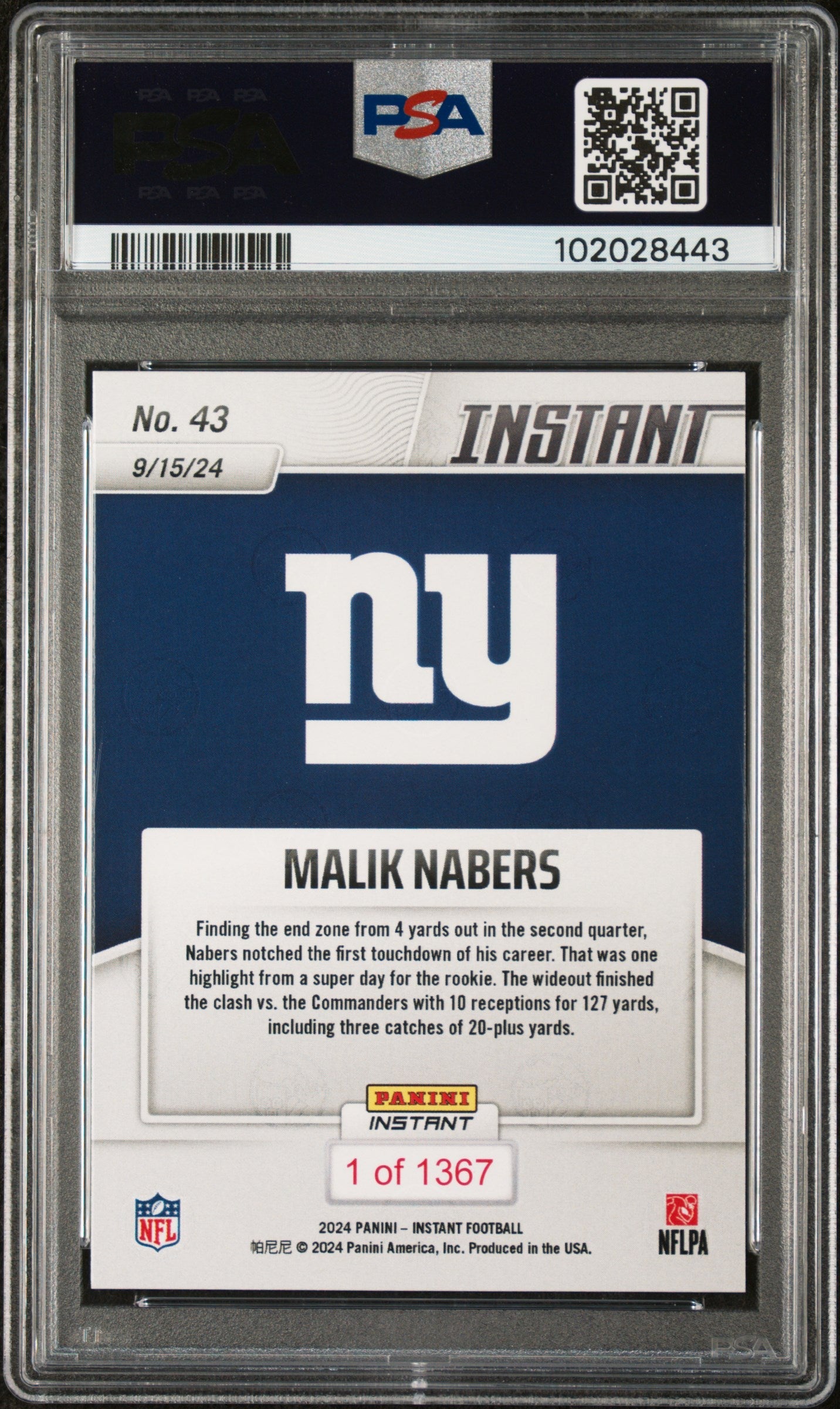 Graded 2024 Panini Instant NFL Malik Nabers #43 Rookie RC Football Card PSA 9 Mint
