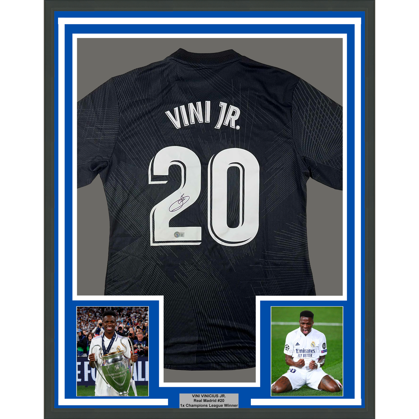 Framed Autographed/Signed Vini Vinicius Jr. 35x39 Real Madrid 2021-22 Black Soccer Jersey Beckett BAS COA