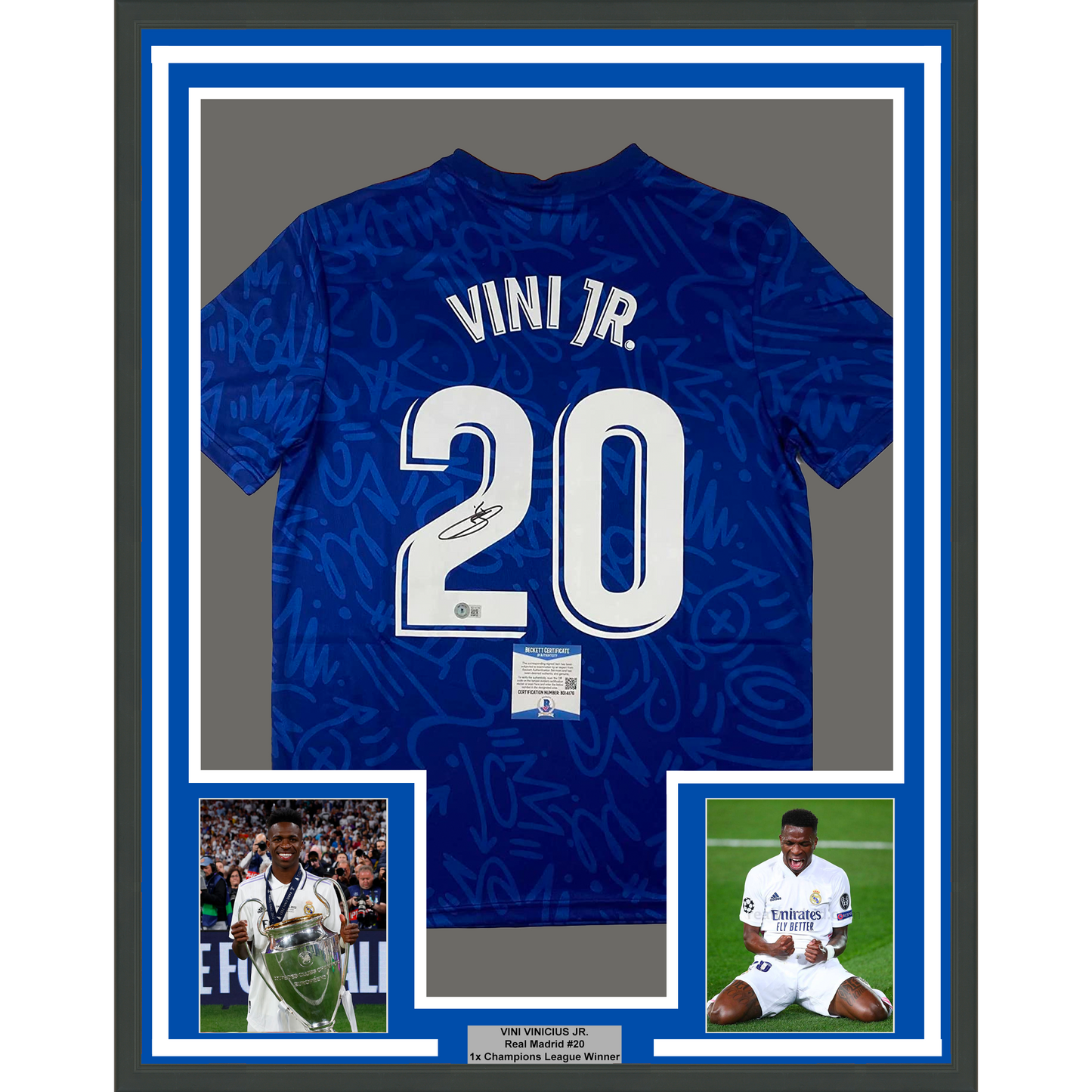 Framed Autographed/Signed Vini Vinicius Jr. 35x39 Real Madrid Blue Soccer Jersey Beckett BAS COA