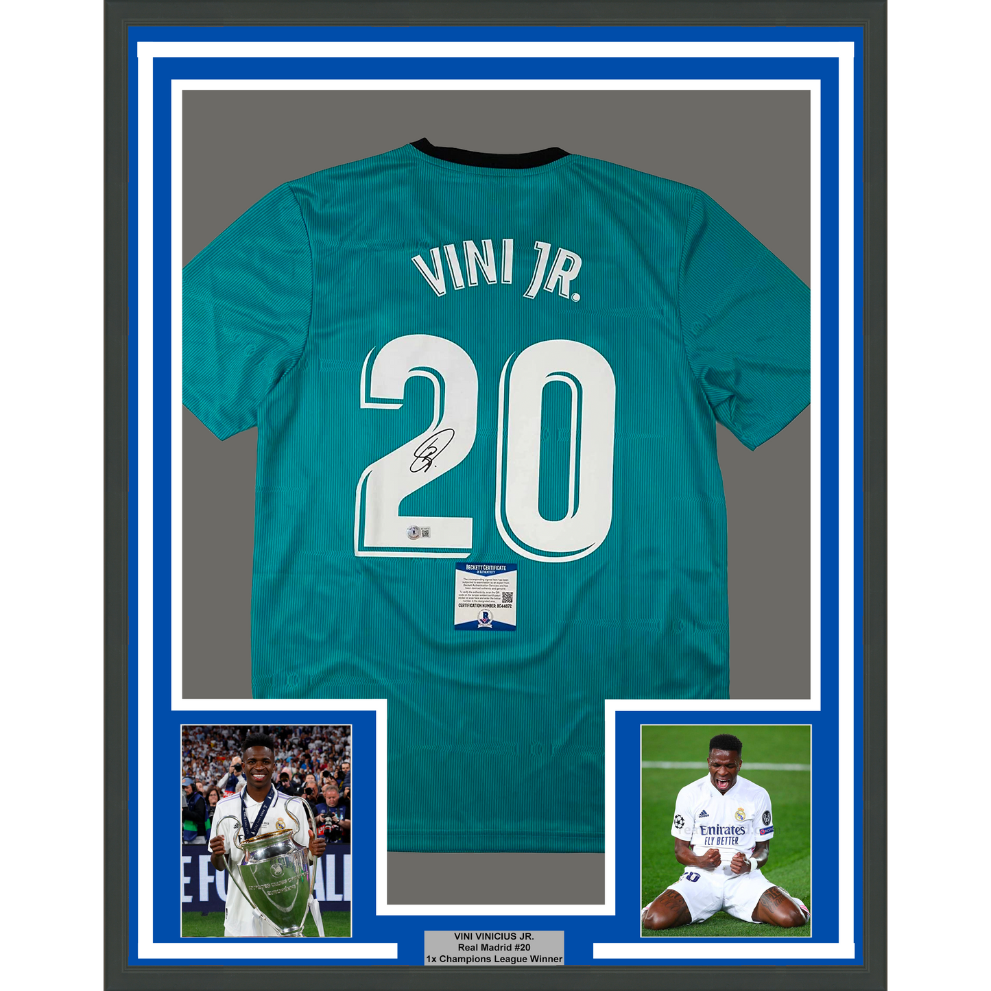 Framed Autographed/Signed Vini Vinicius Jr. 35x39 Real Madrid Teal Soccer Jersey Beckett BAS COA