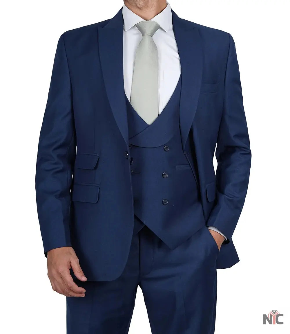 Vollmer Men's Blue Peak Lapel Three Piece Suit