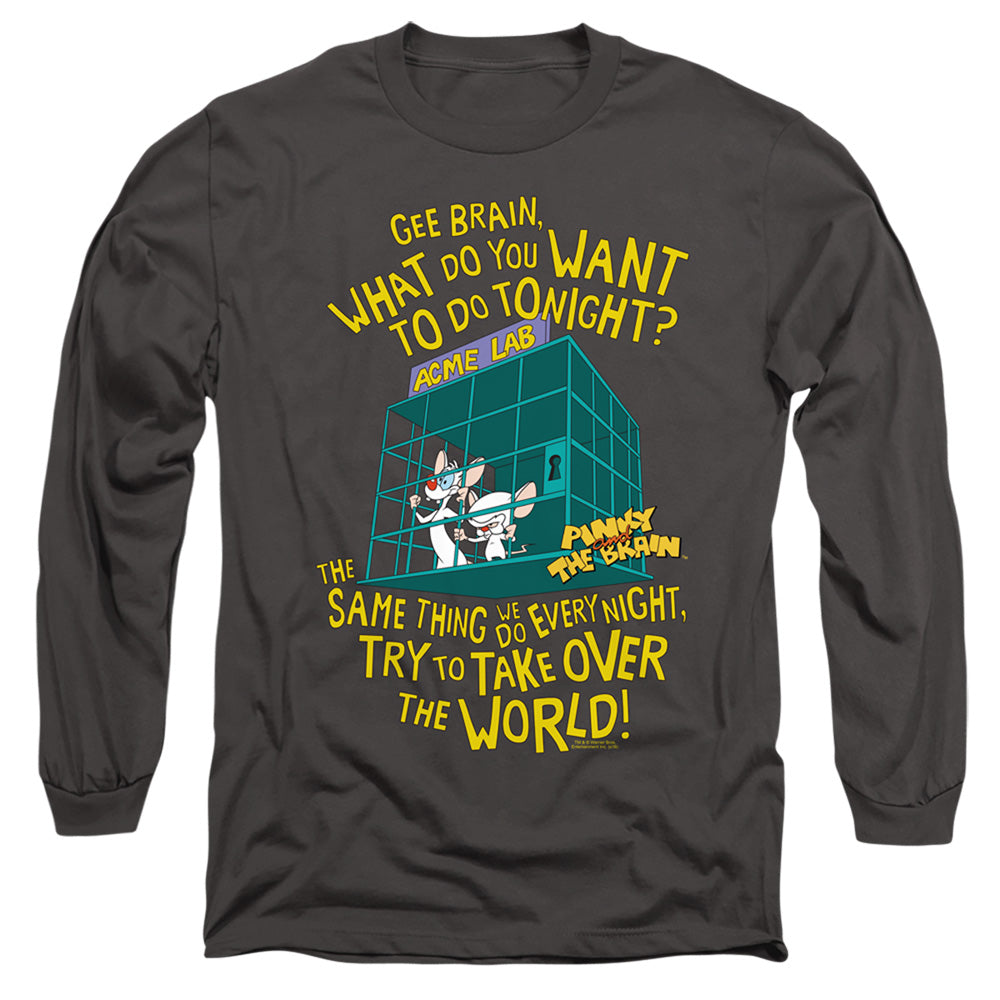 Pinky And The Brain The World Mens Long Sleeve Shirt Charcoal Officially Licensed